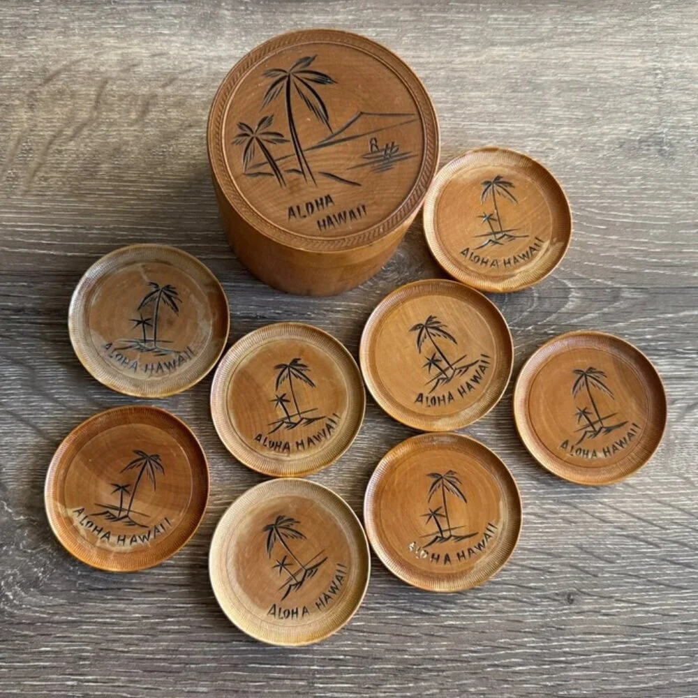 Set of 8 Vintage Wooden Carved Coasters with Container Holder.